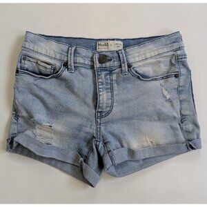 Y2K Mudd FLX Stretch Sz 5 Low Rise Midi Denim Shorts Light wash Distressed